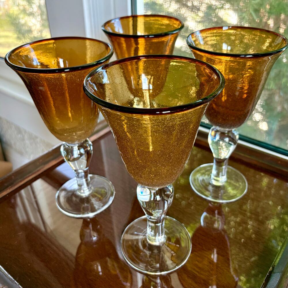 Set of 4 Artland Amber Bubble Glass Goblets 8.25” Tall Vintage Wine Glasses